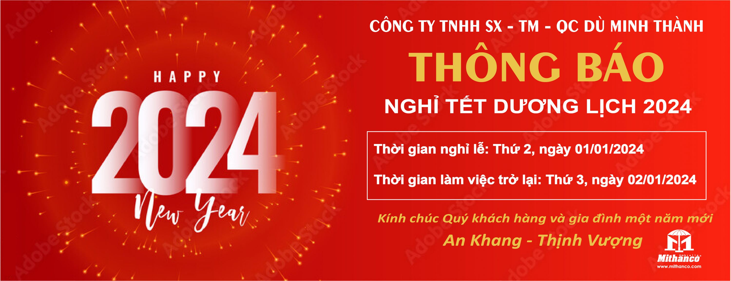 CÔNG TY DÙ MINH THÀNH THÔNG BÁO LỊCH NGHỈ TẾT DƯƠNG LỊCH 2024