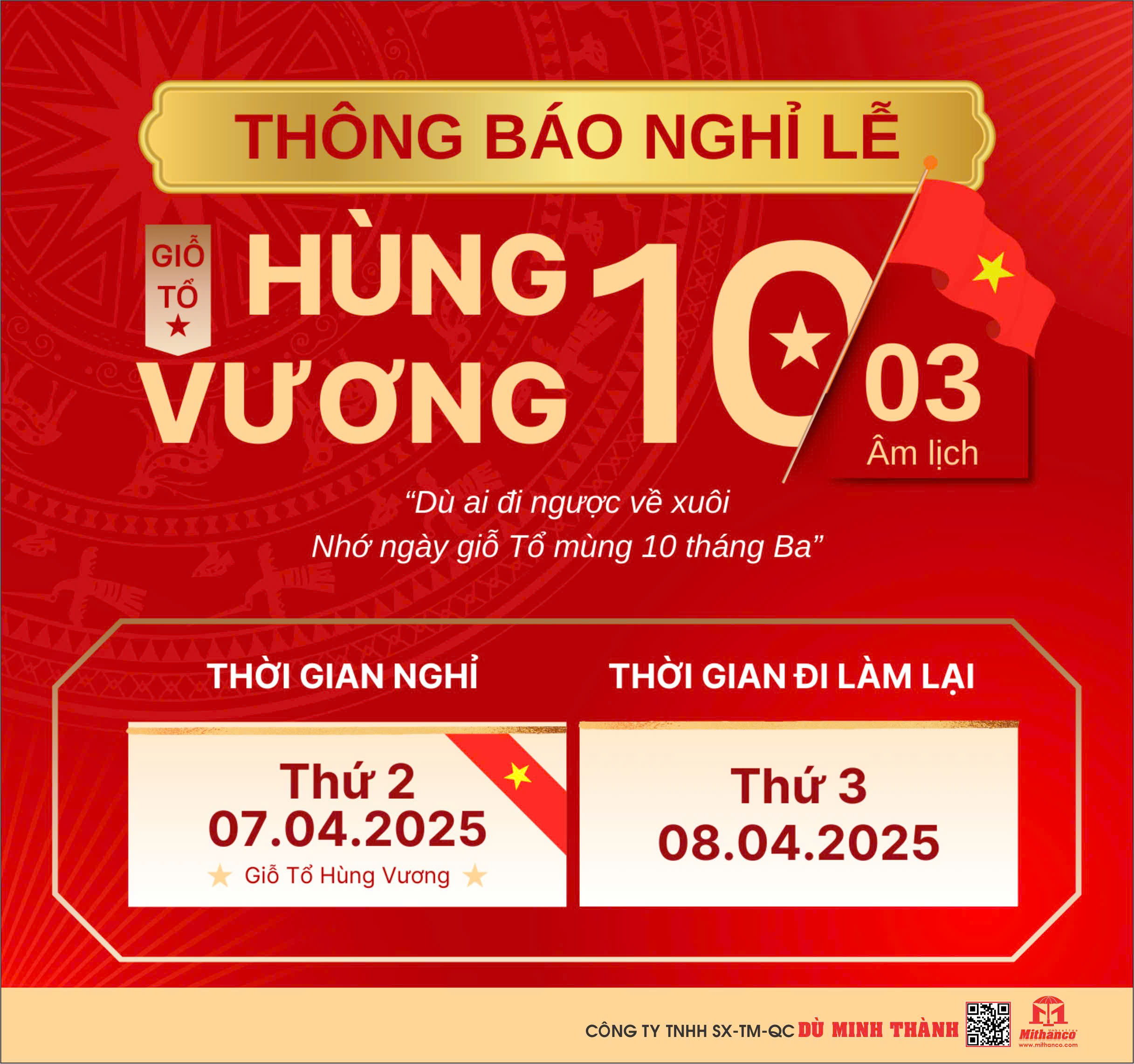 MITHANCO TRÂN TRỌNG THÔNG BÁO LỊCH NGHỈ LỄ GIỖ TỔ HÙNG VƯƠNG