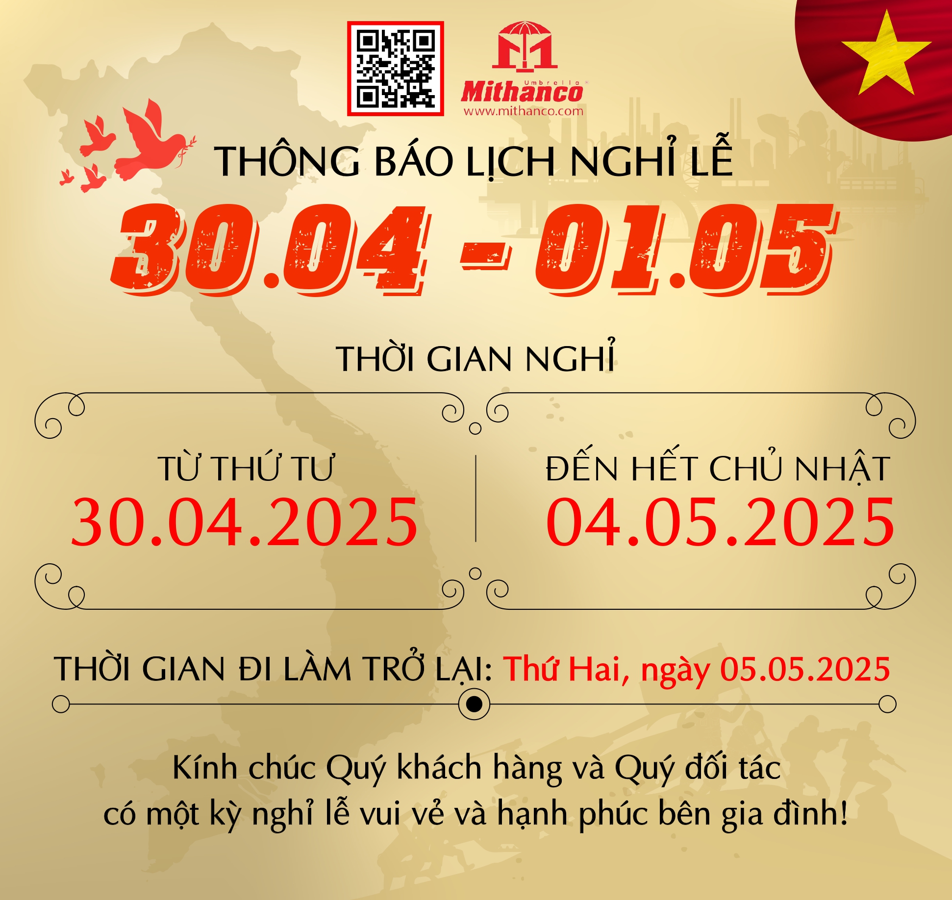 MITHANCO - THÔNG BÁO NGHỈ LỄ 30.04 - 01.05 NĂM 2025