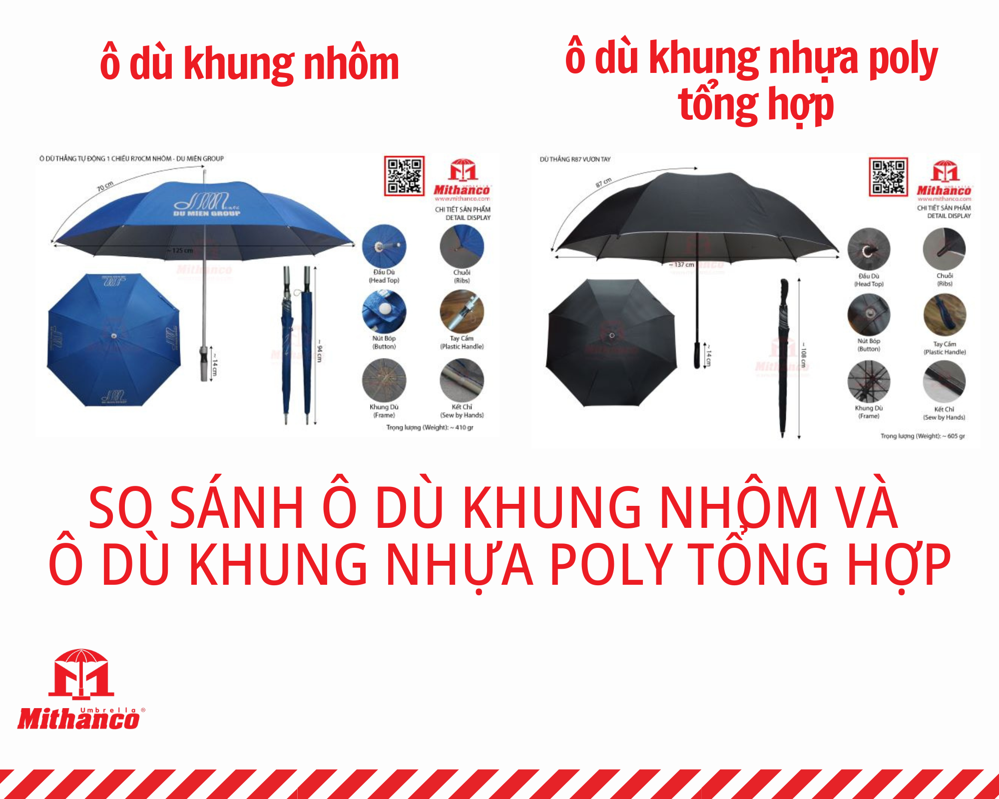 SO SÁNH Ô DÙ KHUNG NHÔM VÀ Ô DÙ KHUNG NHỰA POLY TỔNG HỢP