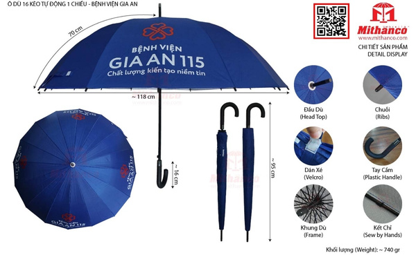 Mẫu ô dù thẳng 16 nan tự động 1 chiều R70cm in logo bệnh viện