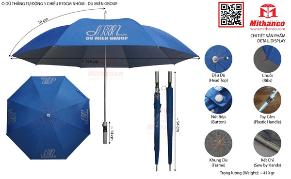 Ô dù thẳng tự động 1 chiều R70cm nhôm in logo chuỗi quán cà phê