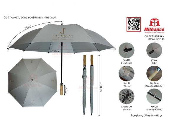Ô dù thẳng tự động 1 chiều R75cm 2 tầng dán in logo sân golf
