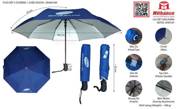 Ô dù xếp 3 tự động 1 chiều R55cm in logo cảng