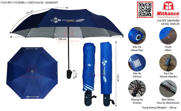 Ô dù xếp 3 tự động 1 chiều R55cm in logo công ty khai thác cảng