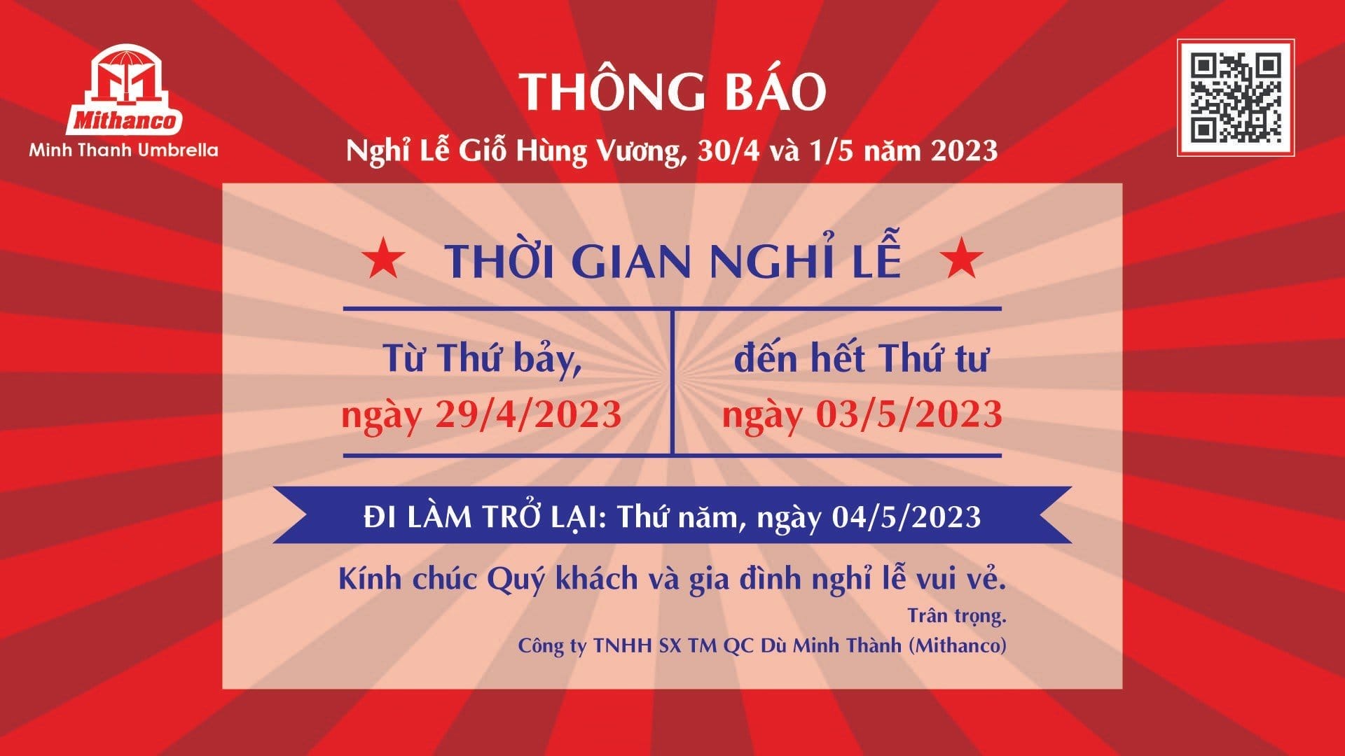 DÙ MINH THÀNH THÔNG BÁO NGHỈ LỄ NGÀY GIỖ TỔ HÙNG VƯƠNG VÀ NGÀY 30/4 - 1/5